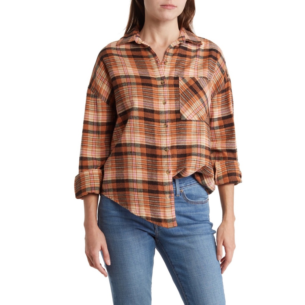 NWT Billabong Easy Breezy Plaid Button-Up Shirt Coral Multi Fall Winter